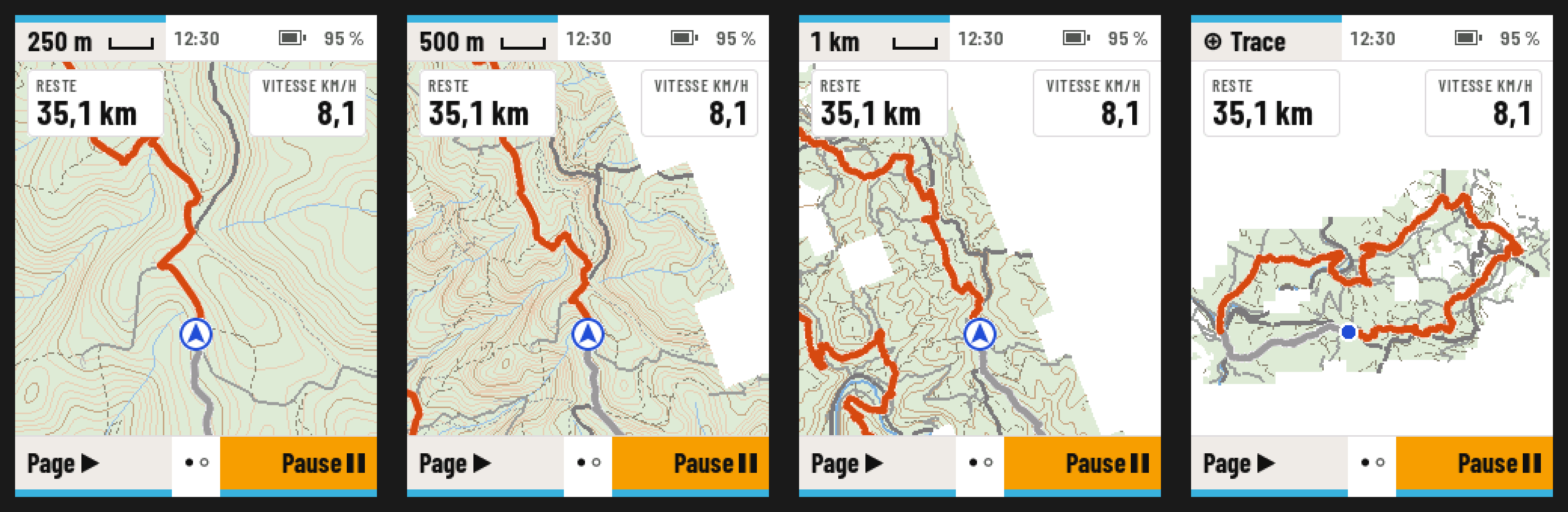 Quatre captures de la page carte : fond OpenStreetMap avec routes, chemins, forêts et courbes de niveau, trace en orange