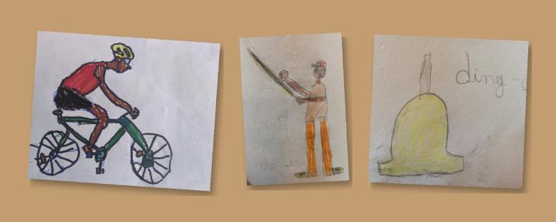 Les dessins originaux : le cycliste, le porteur de perche et la cloche